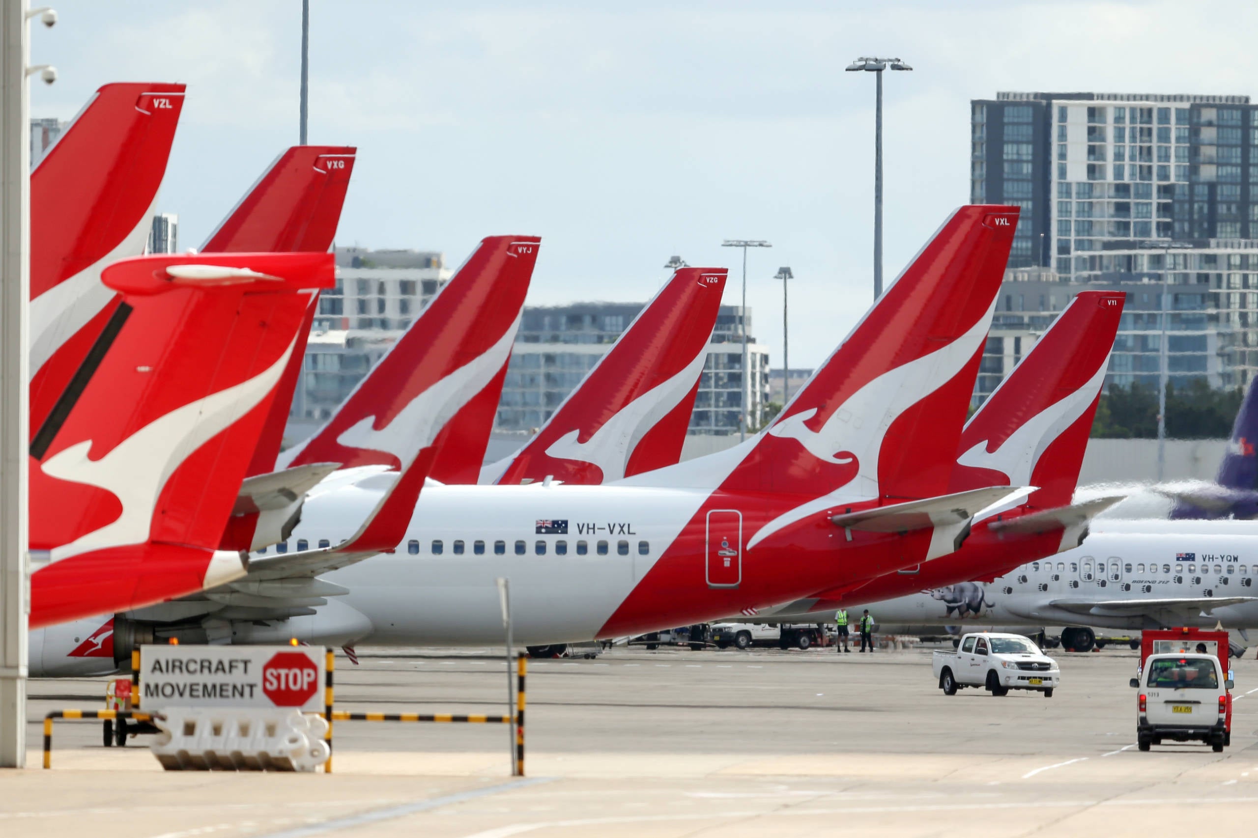 Qantas planes lined up at airport