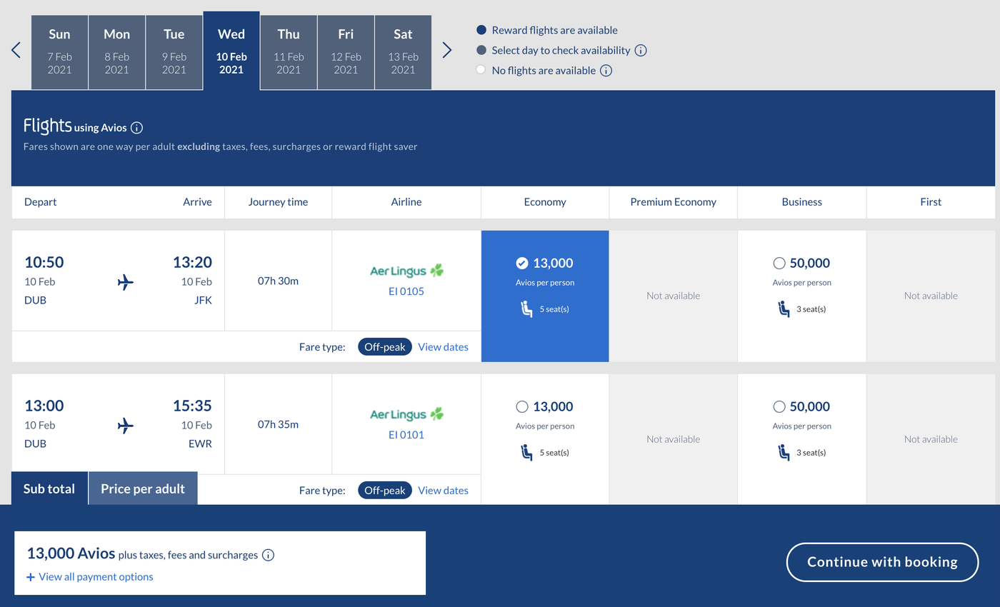 How to book Aer Lingus award tickets with Avios