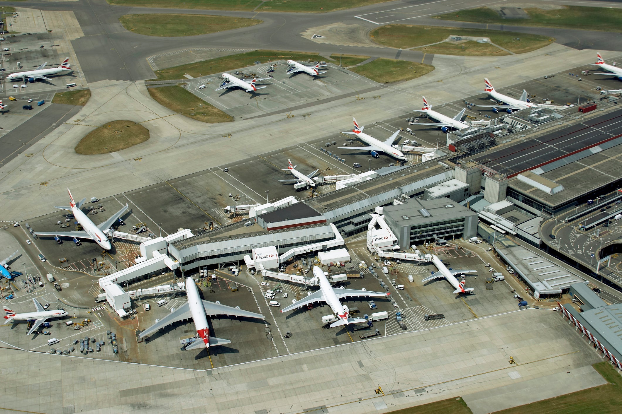Planes waiting at Heathrow airport, aerial view