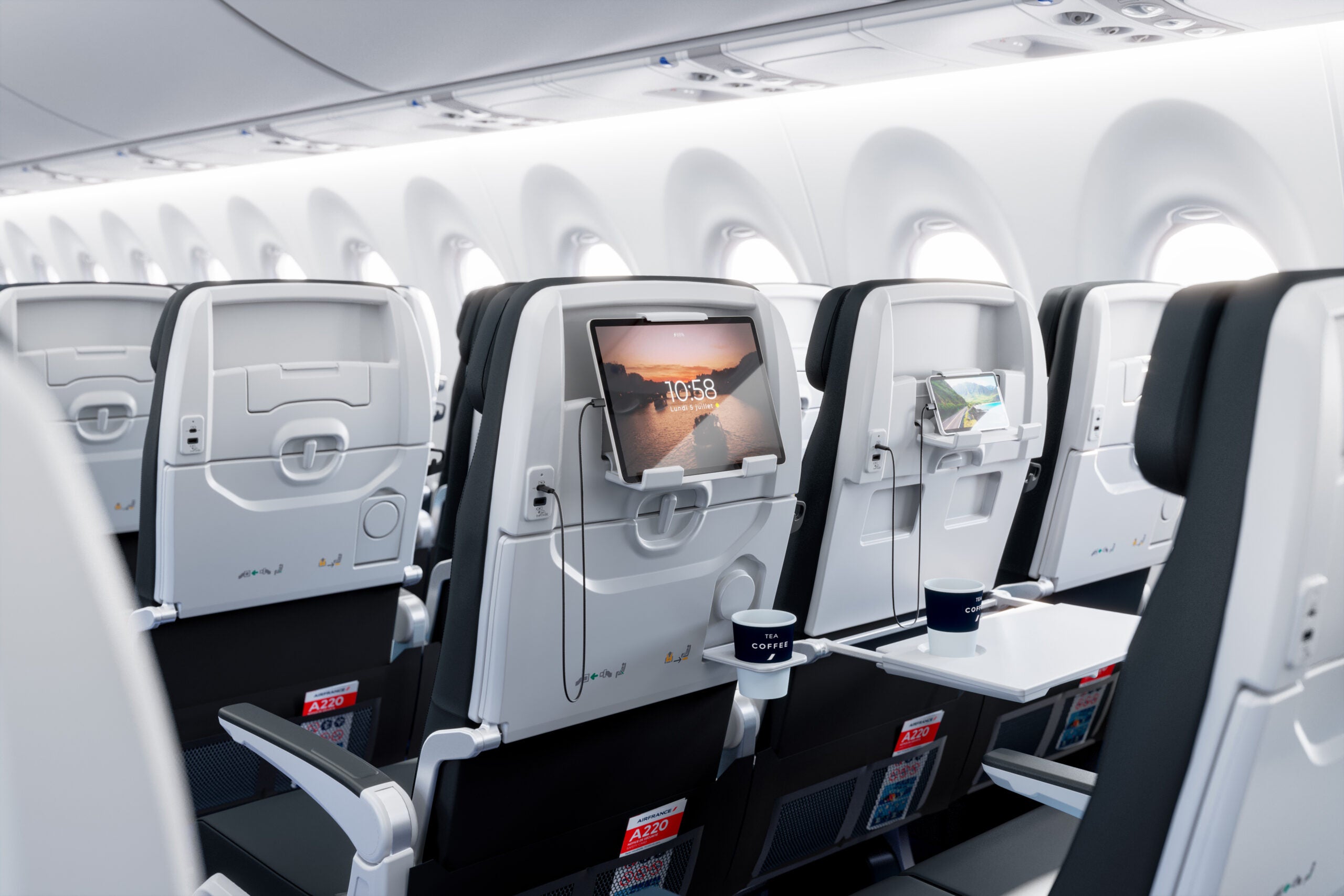 The cabin of the new A220-300 offers a more spacious experience for passengers. (photo courtesy of Air France)