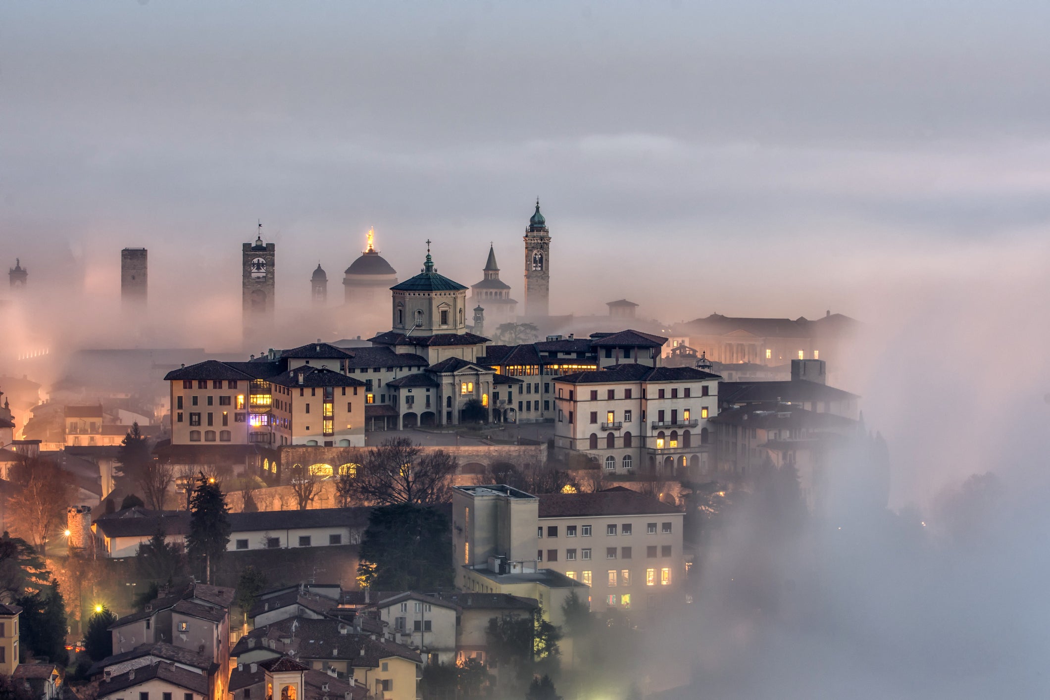Mist surrounds Bergamo, Italy