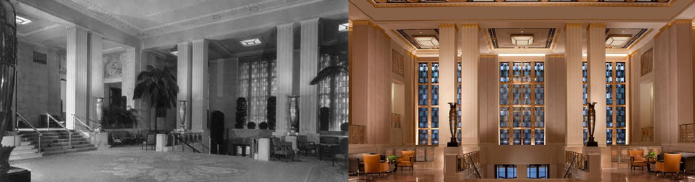 The foyer in 1933 and the same foyer today