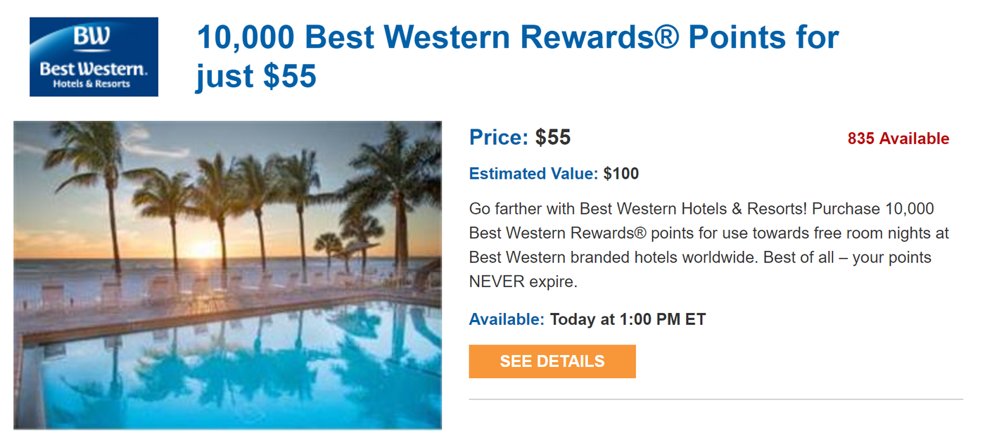 Buy up to 50,000 Best Western Points at 0.55 Cents Apiece