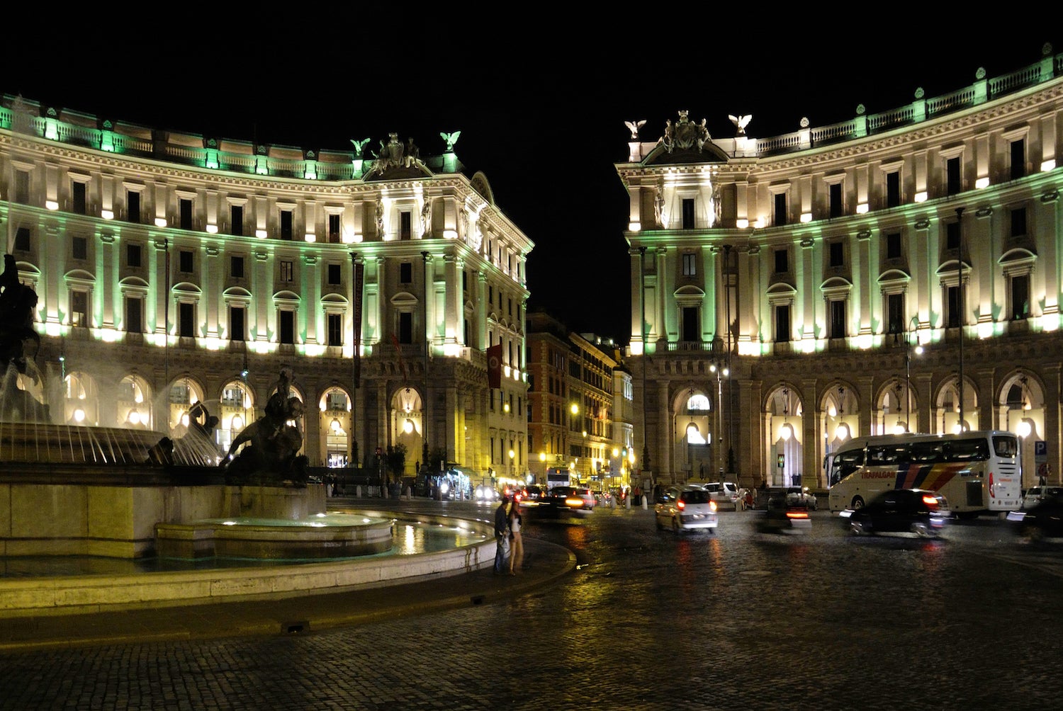 Piazza della Repubblica in Rome at night.