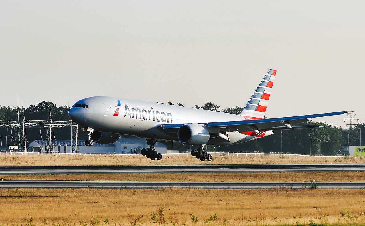 American Airlines Boeing 777lands at airport in Frankfurt Germany