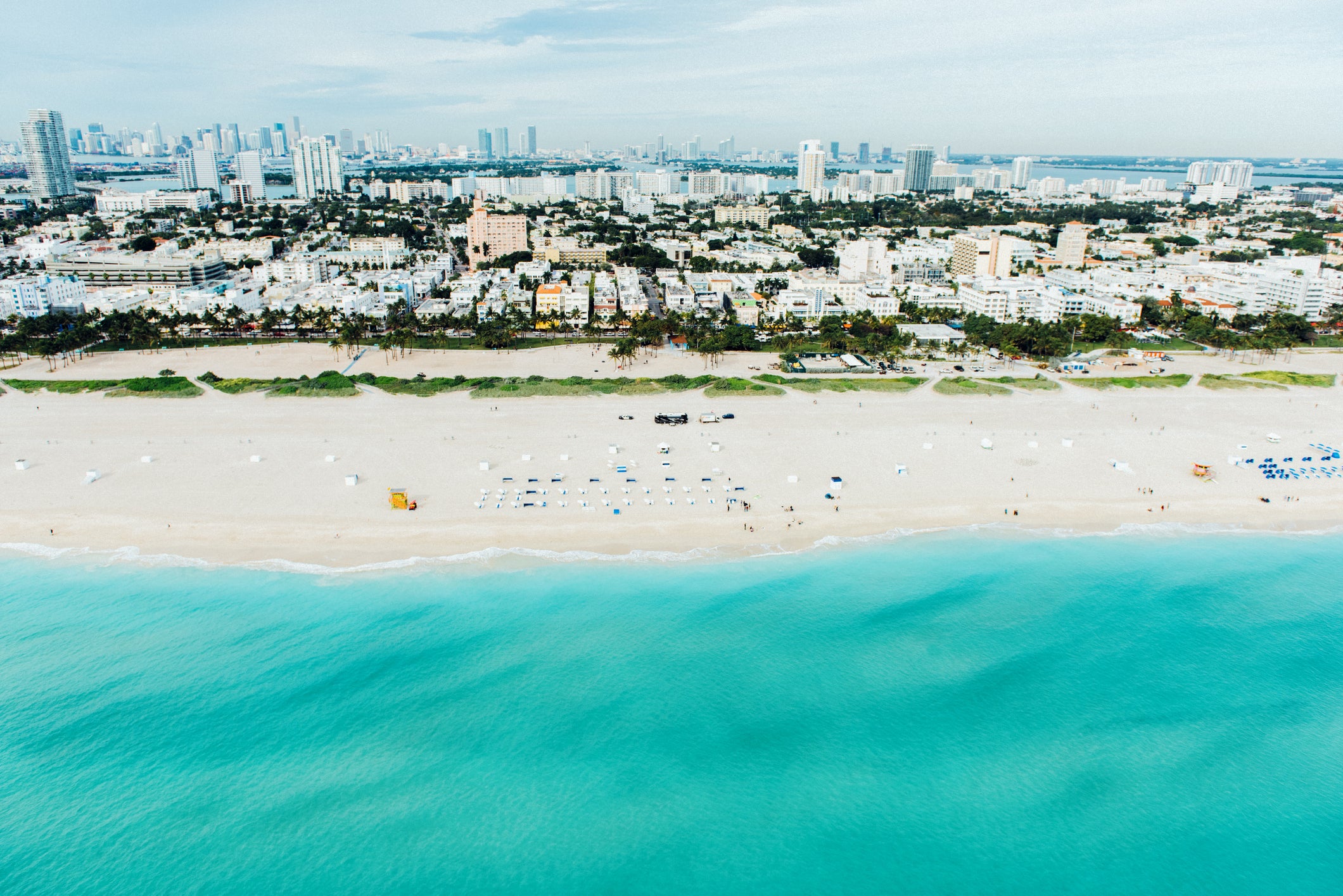 Aerial view of South beach and cityscape, Miami, Florida, USA