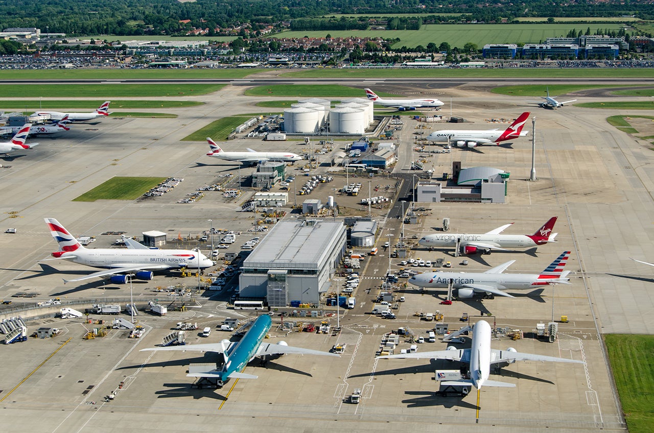 Aerial view of planes at Heathrow Airport