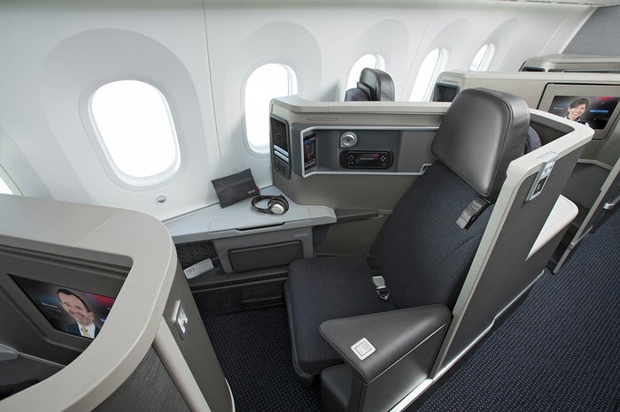 Business class-stoelen krijgt op de Boeing 787-8 van American Airlines.
