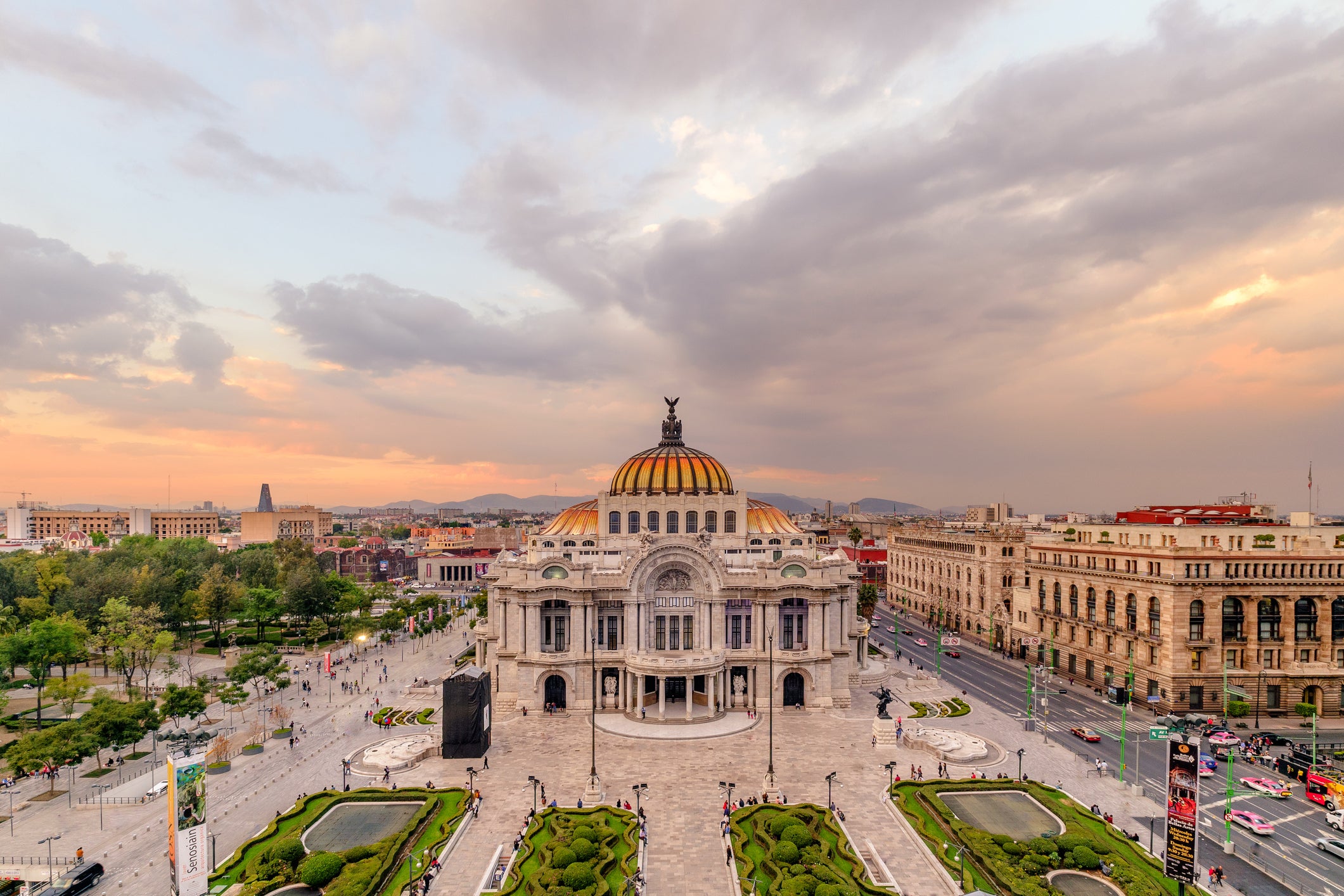 Mexico City - Aerial of Palacio de Bellas Artes at Sunset