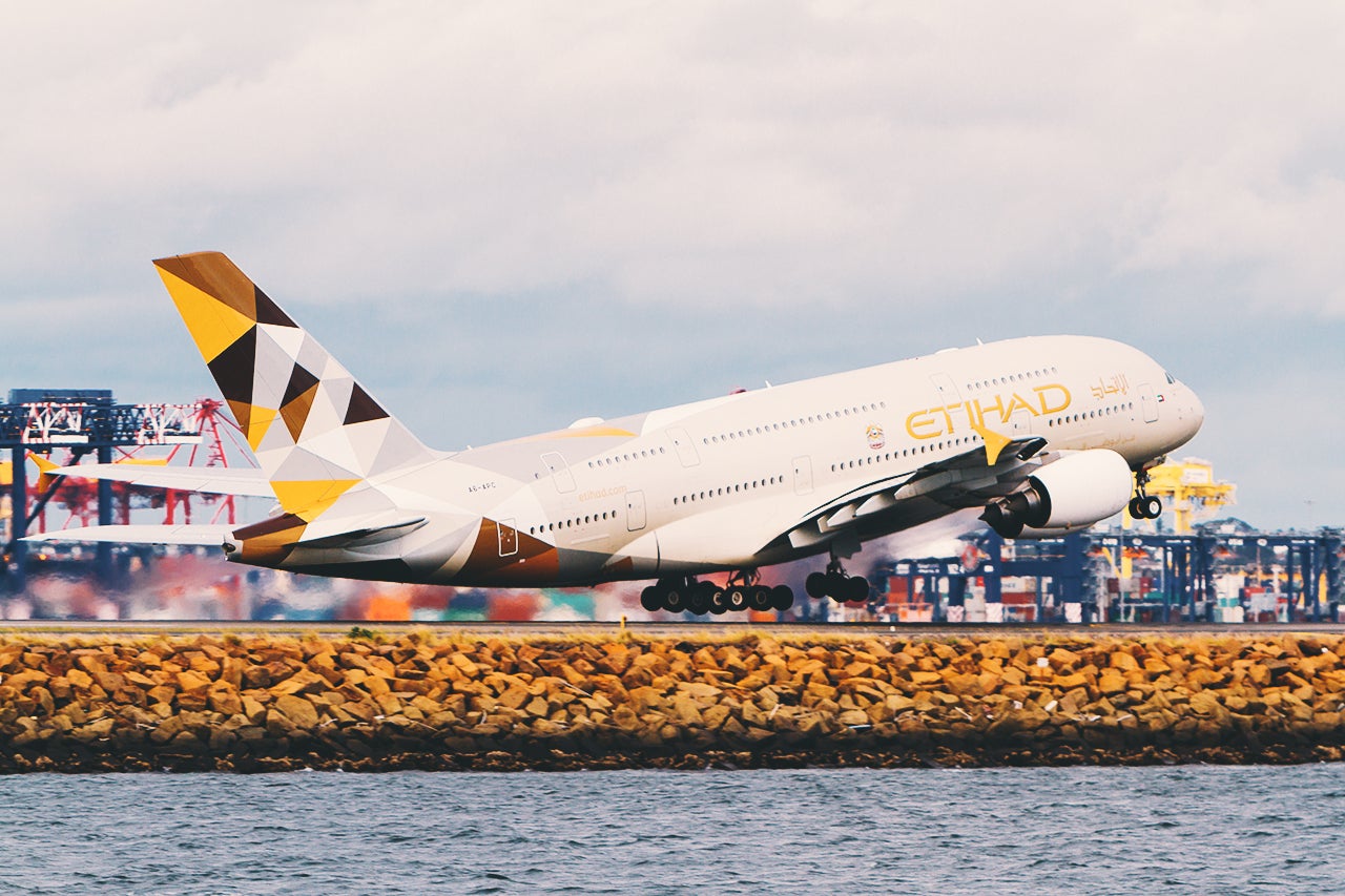Etihad Airbus A380 airliner taking off from Sydney, Australia