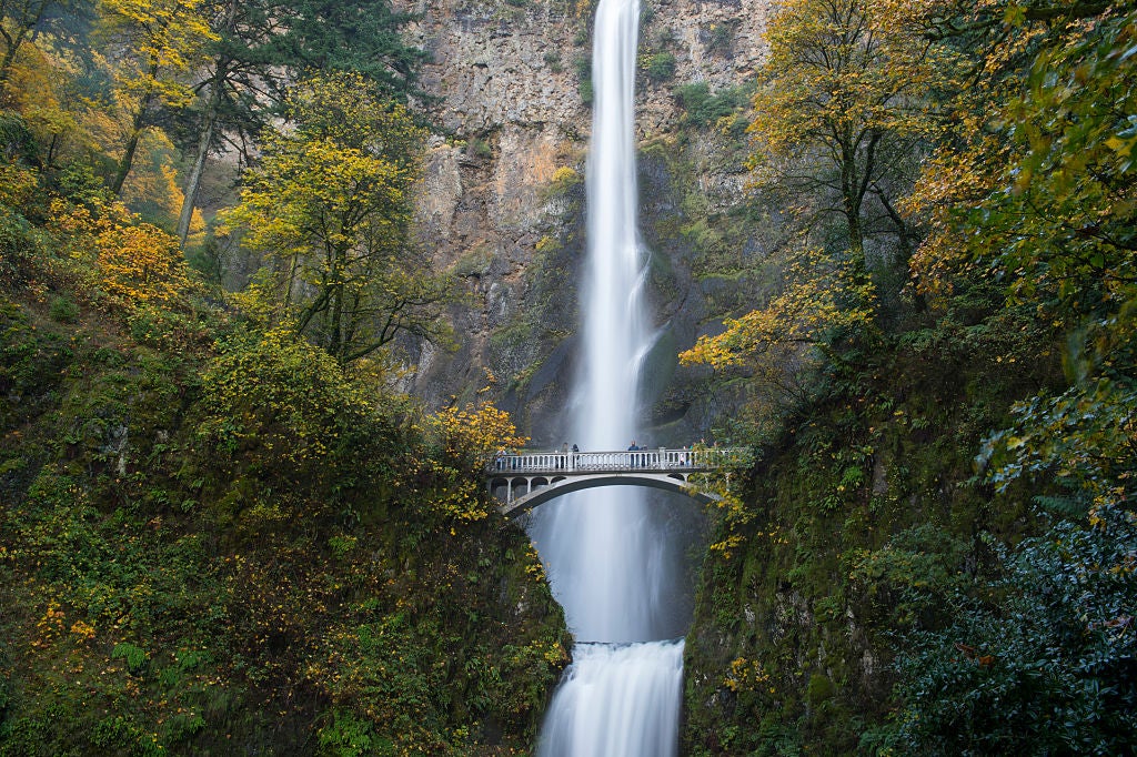 View of Multnomah Falls with foot bridge in the fall, a