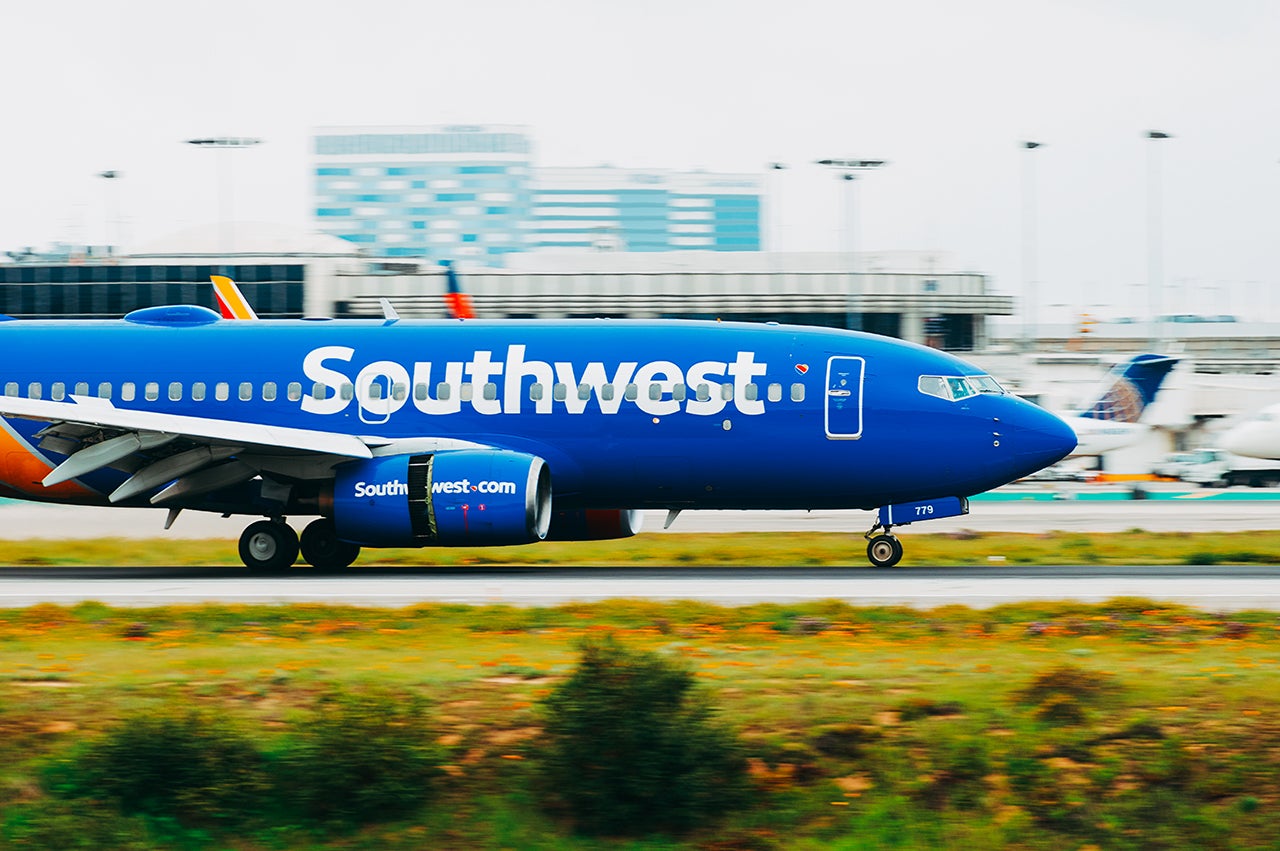 Southwest Airlines jet shown landing at LAX