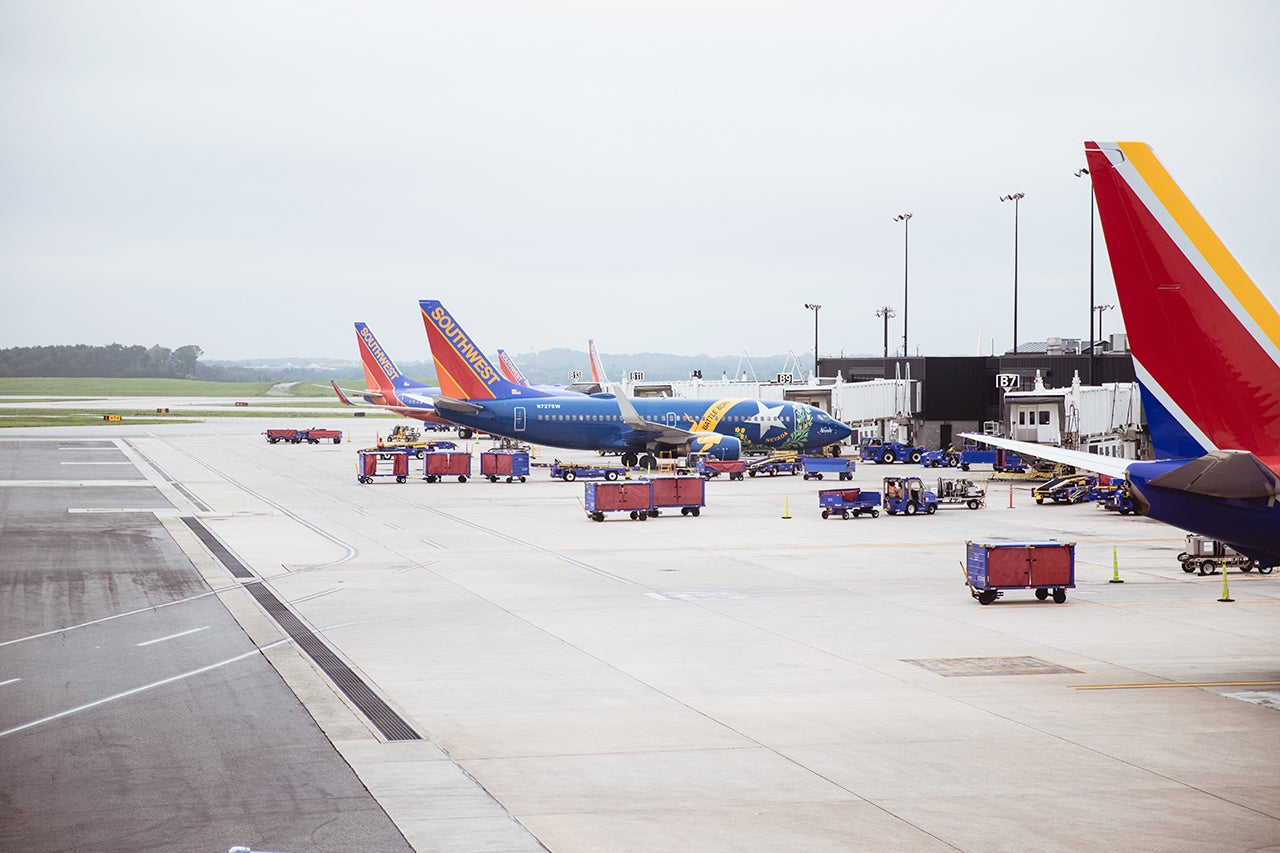 Southwest Airlines planes parked at an airport