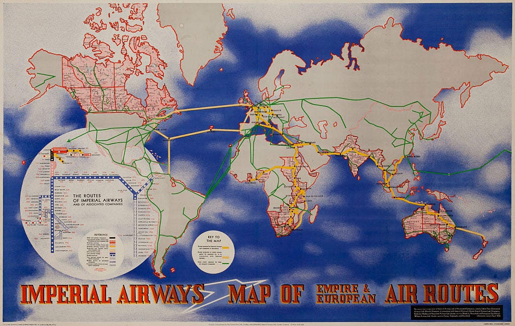 Imperial Airways Travel Poster, A Route Map of the Empire and European Air Routes