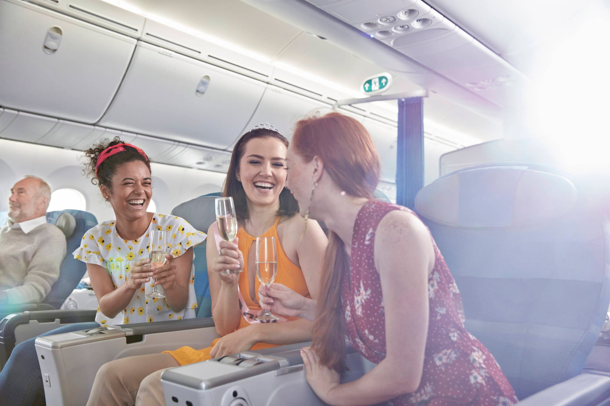 Young women friends drinking champagne in first class on airplane