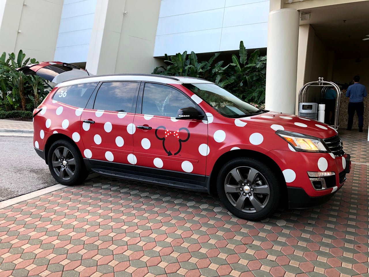 Red and white polka dot van at Disney World