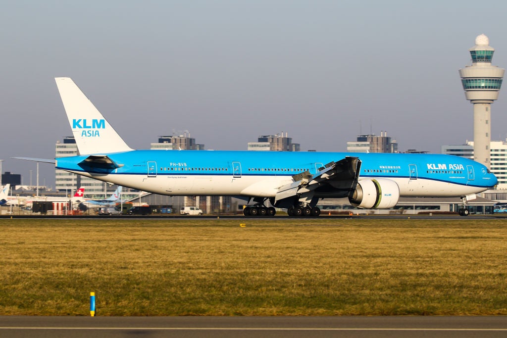 A KLM Boeing 777-300ER aircraft landed in Schiphol airport