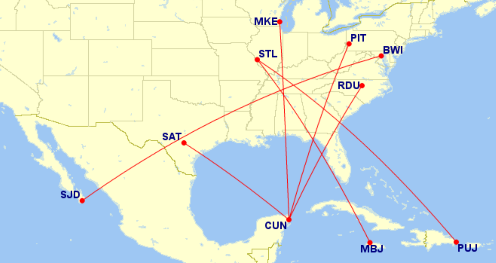 southwest airlines caribbean map