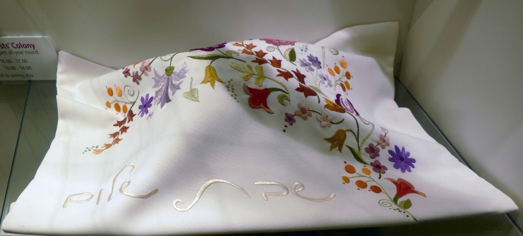 Embroidered white Shabbat (Sabbath) cloth used to cover the ritual bread (Challah) used to celebrate the beginning of the Jewish Sabbath