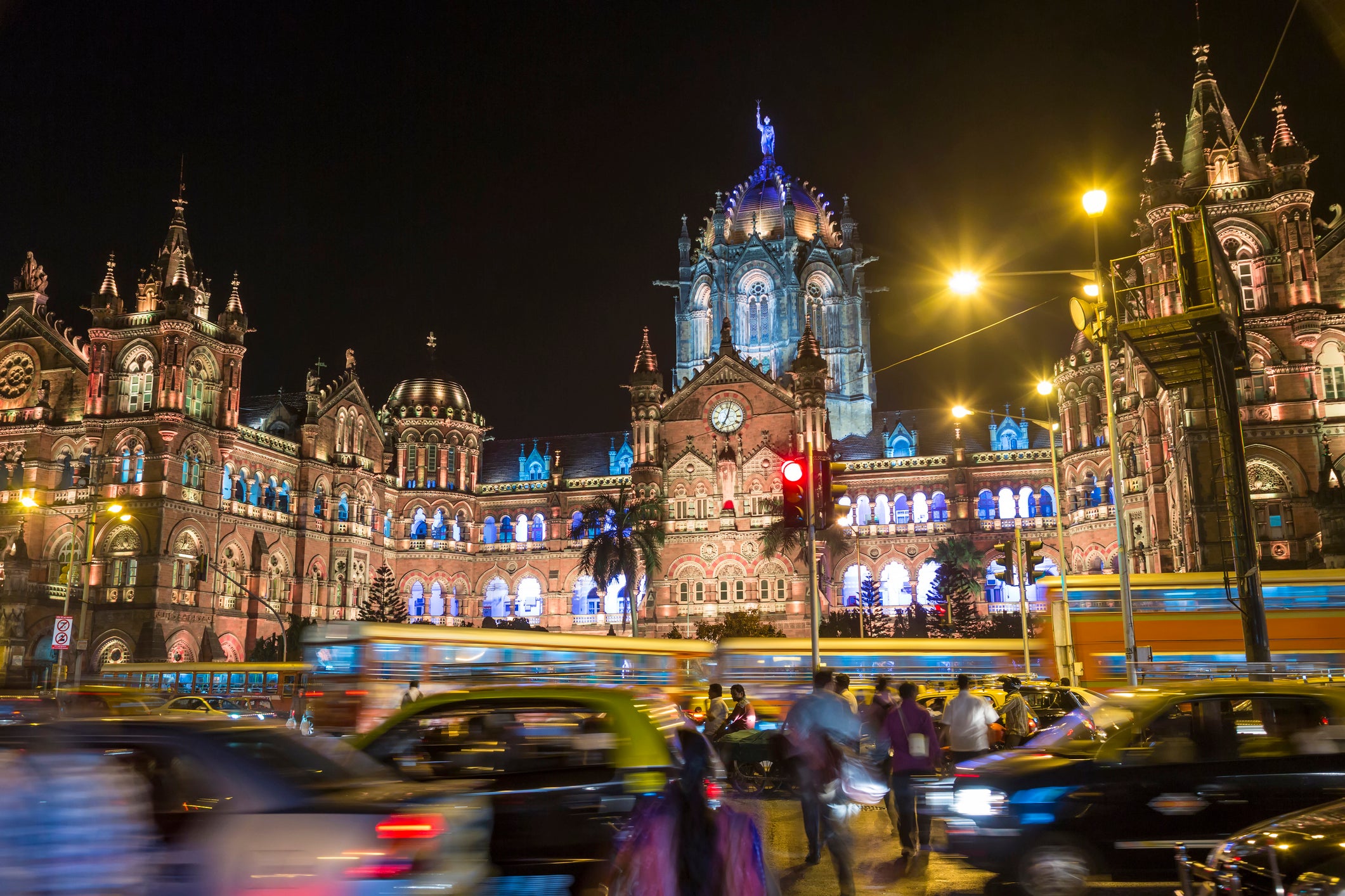 Illuminated Chhatrapati Shivaji Maharaj Terminus, CSMT, formerly known as Victoria Terminus Railway station, Mumbai, India.