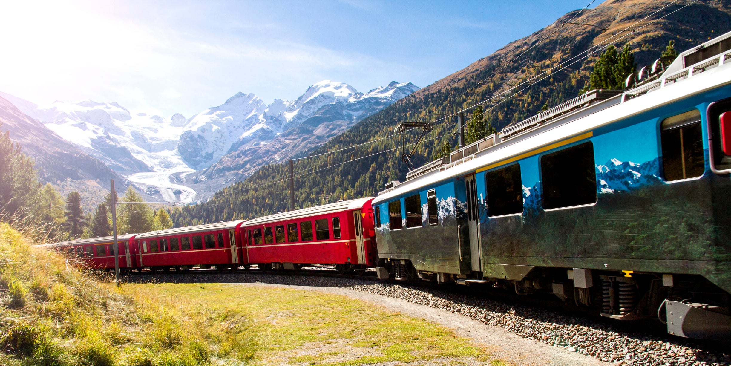 Red train and Bernina Pass view