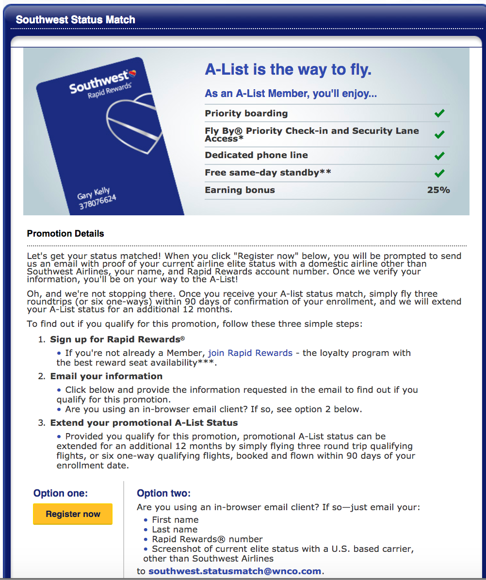 Status match to Southwest A-List elite status - The Points Guy