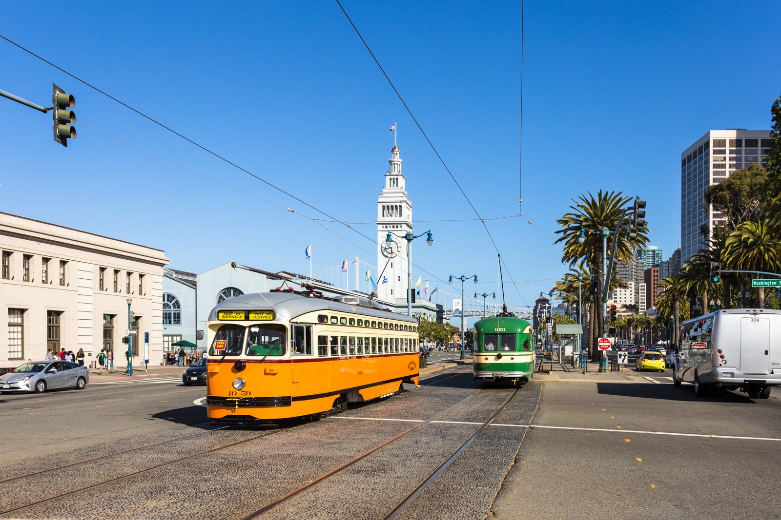 Historic tramway on the Embarcadero along San Francisco waterfront in California