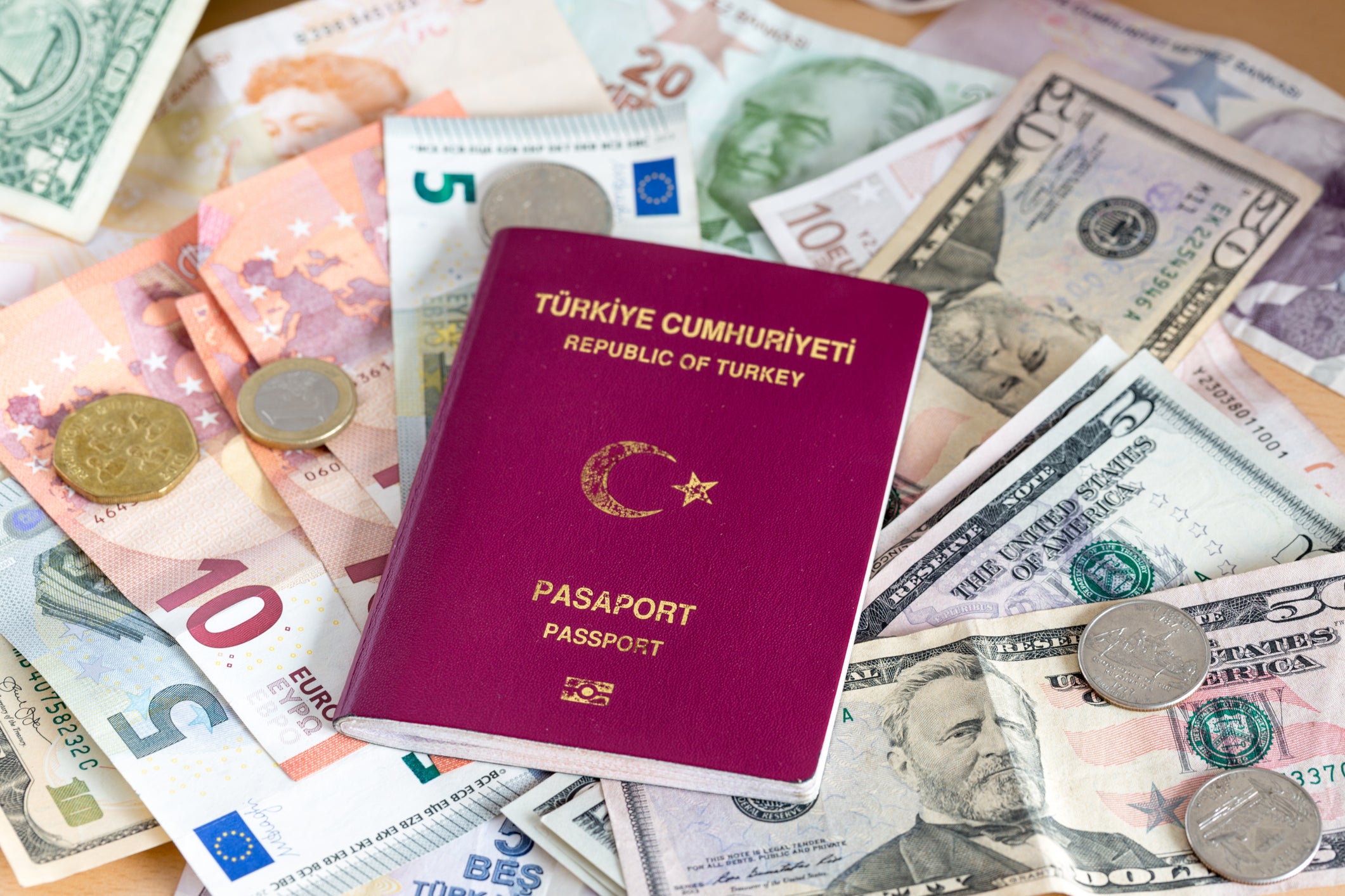Turkish passport on euros, dollars and turkish money
