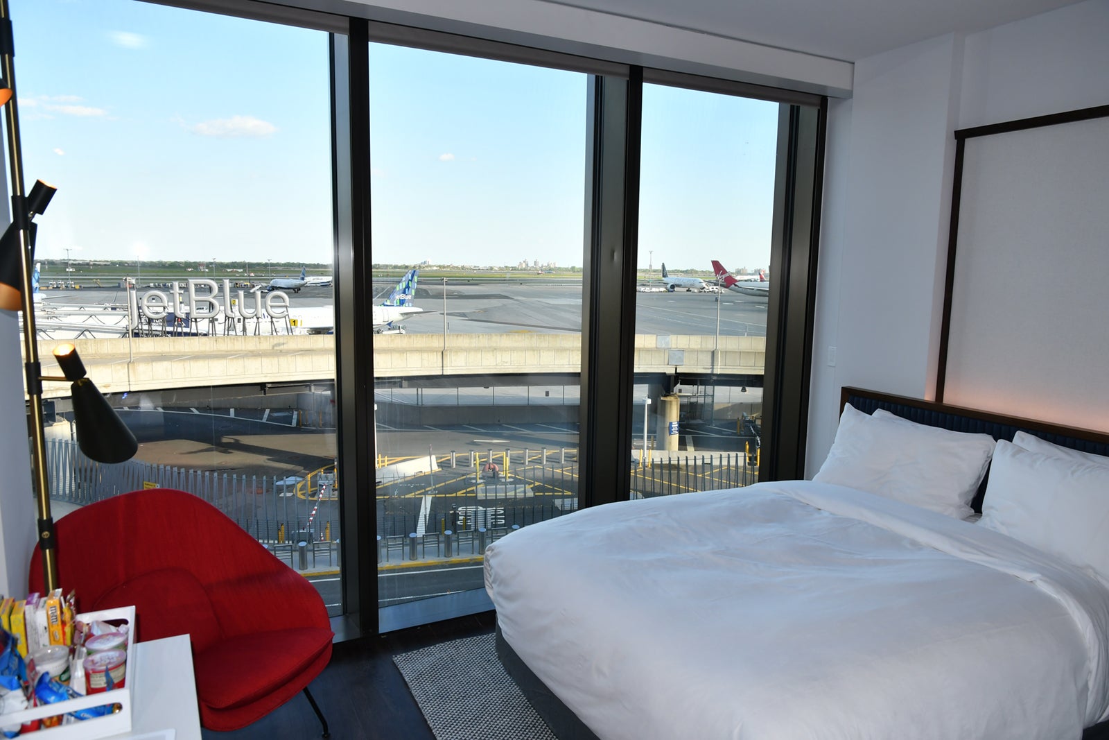 A runway-view room at the TWA Hotel at JFK airport