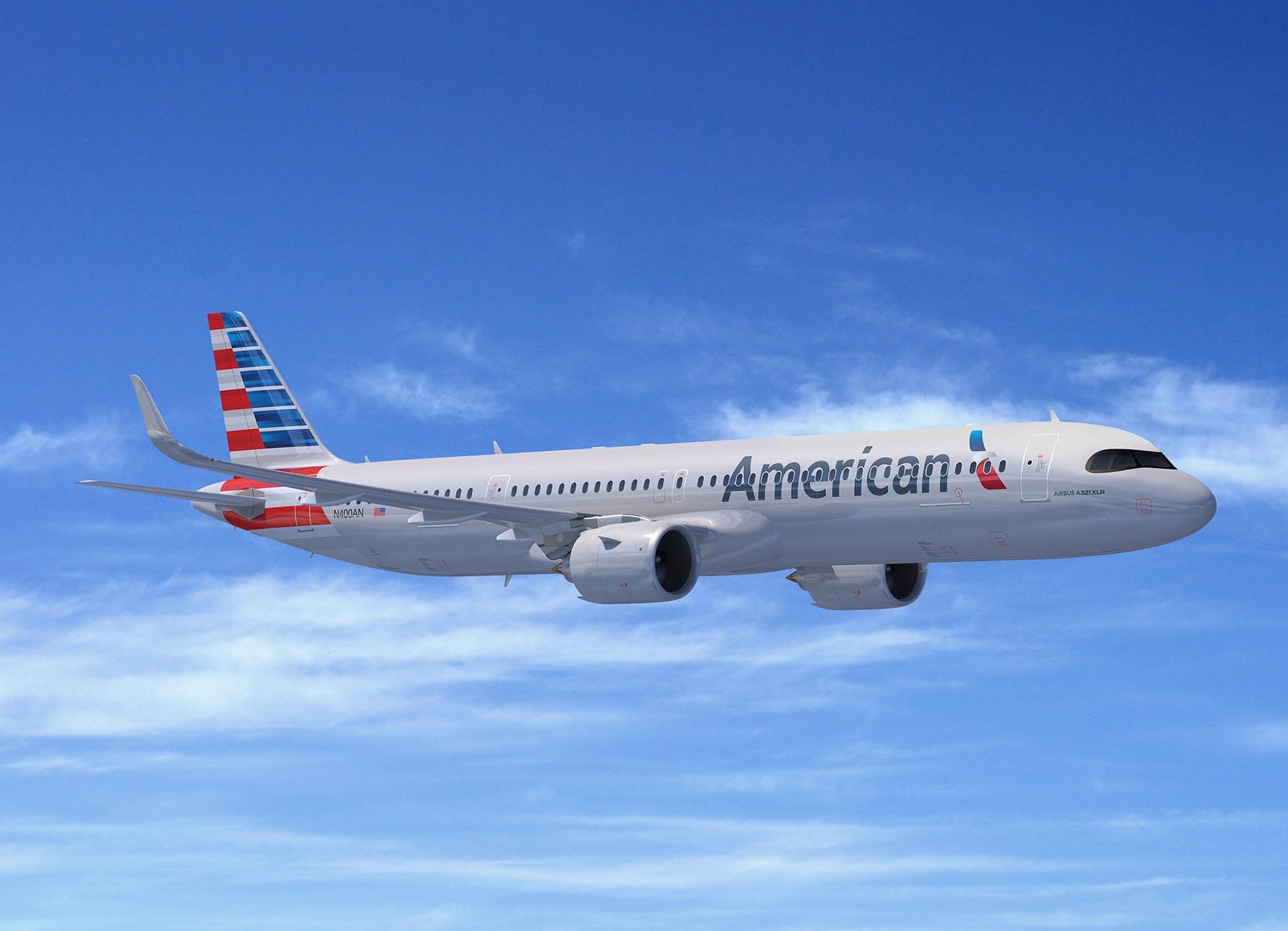 A rendering of an American Airlines A321XLR plane flying through the sky