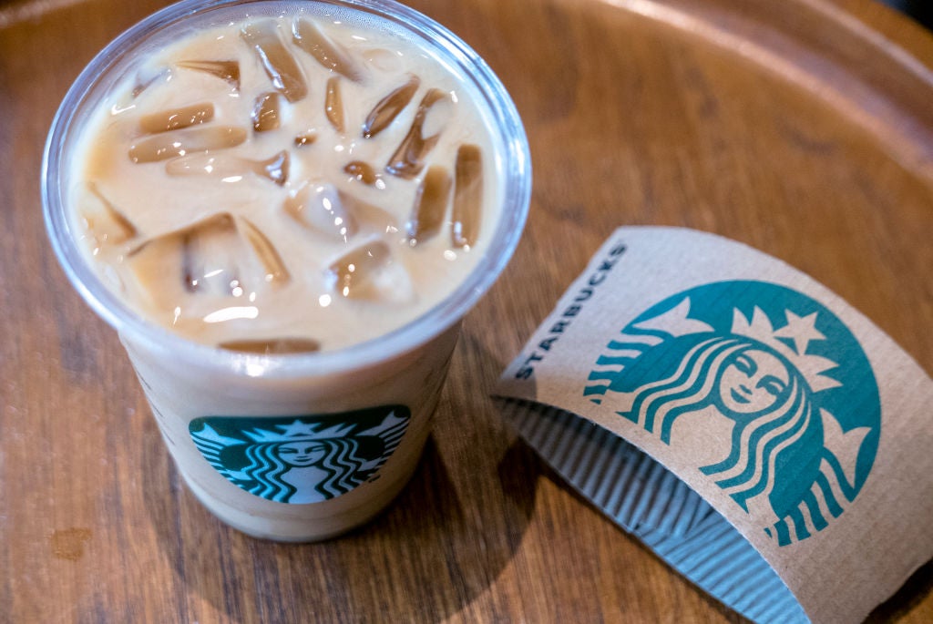 A cup of icy Starbuck coffee.  Logo on a cup of Starbuck