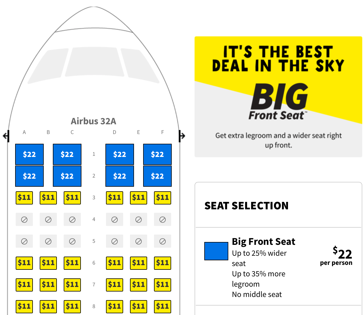 Seat selection costs on a sample Spirit Airlines flight