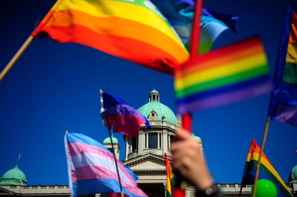 Serbian Parliament with rainbow flags during Gay Parade