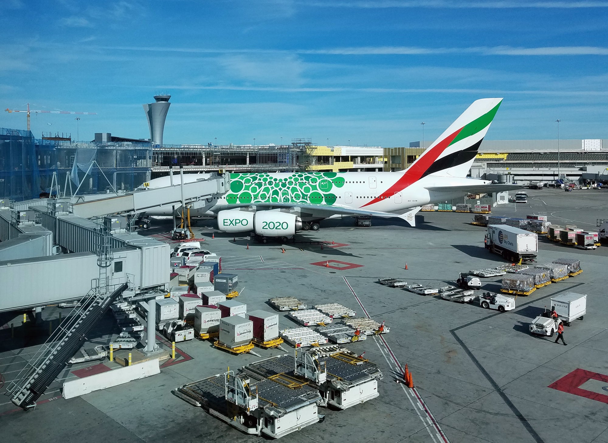 Emirates A380 in Expo 2020 special colors at SFO in October 2018