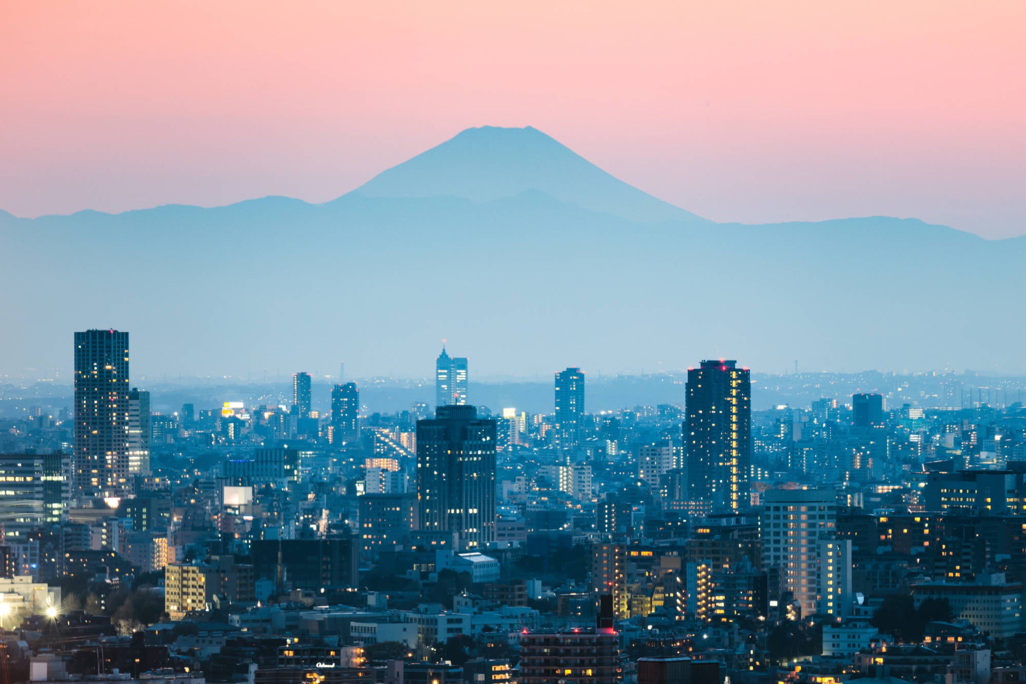 Mount Fuji and Tokyo downtown at sunset. Japan