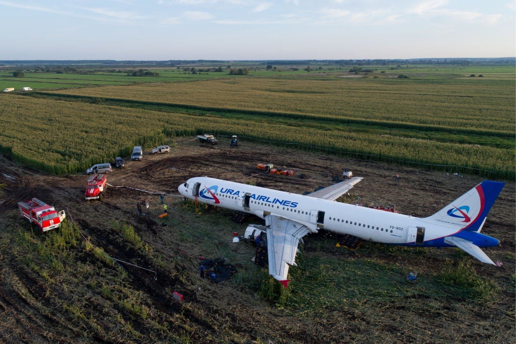 Dismantling Airbus A321 jet at crash landing site near Zhukovsky Airport