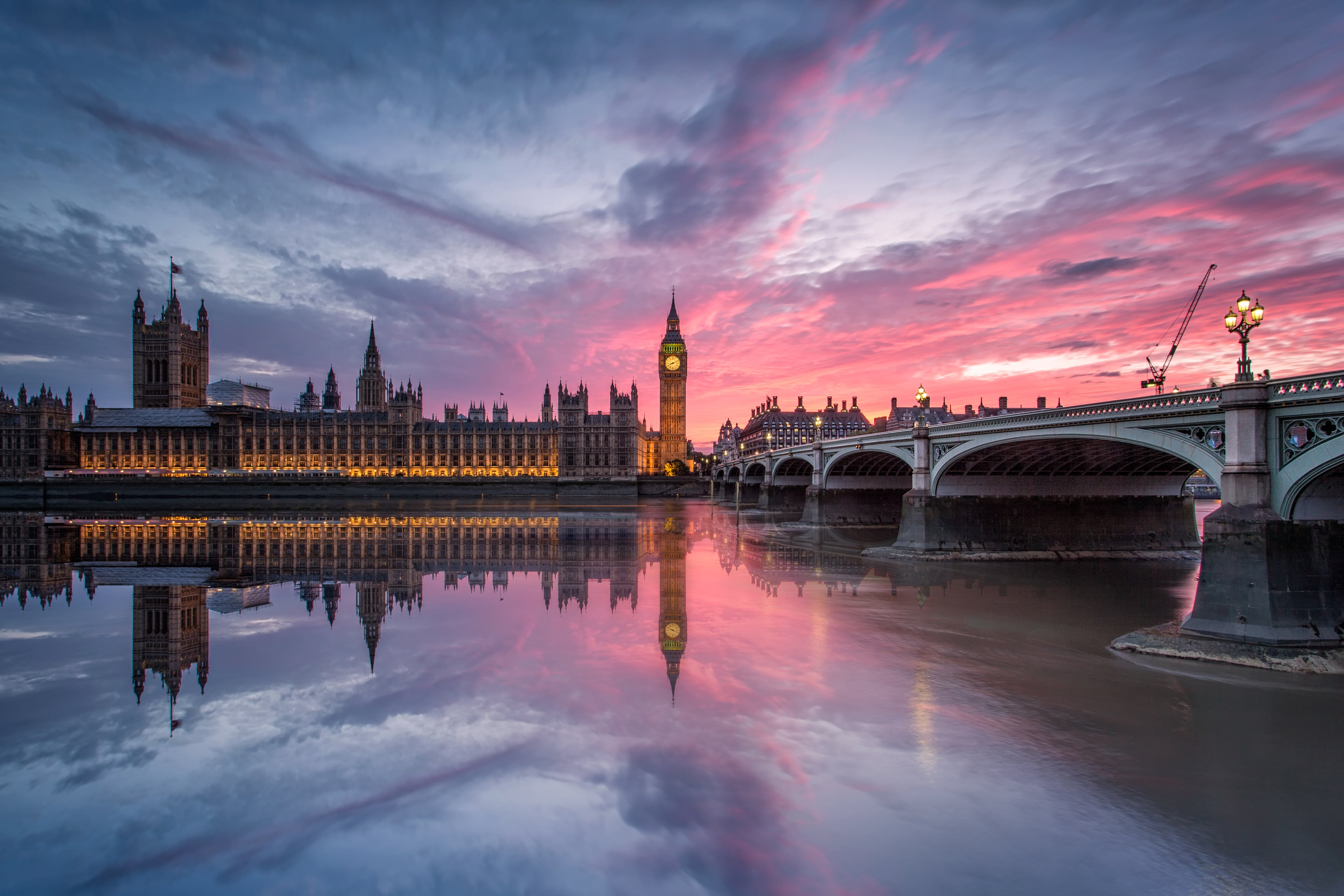Big Ben and houses of parliament at sunset, Big Ben, London, England, UK