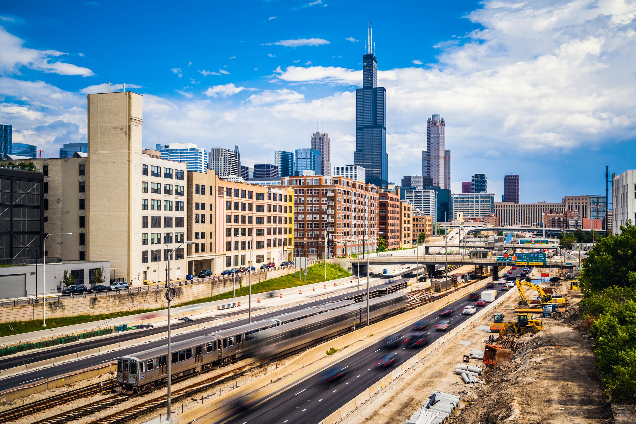 View of busy traffic and Chicago skyline