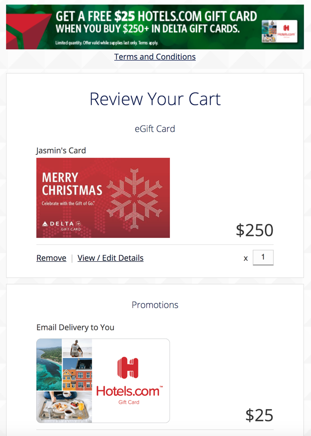 Earn a $25 Hotels.com gift card with $250 Delta gift card purchase