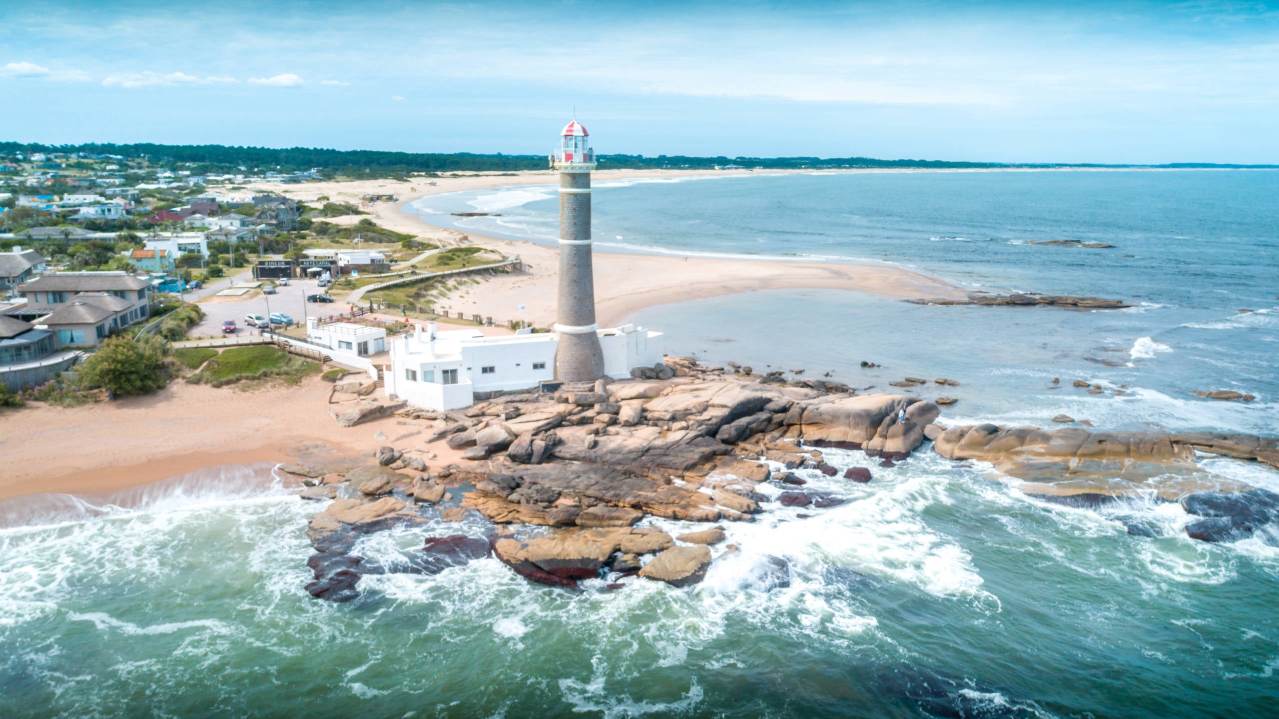 View of lighthouse in La Paloma city, drone point of view, Rocha department, Uruguay