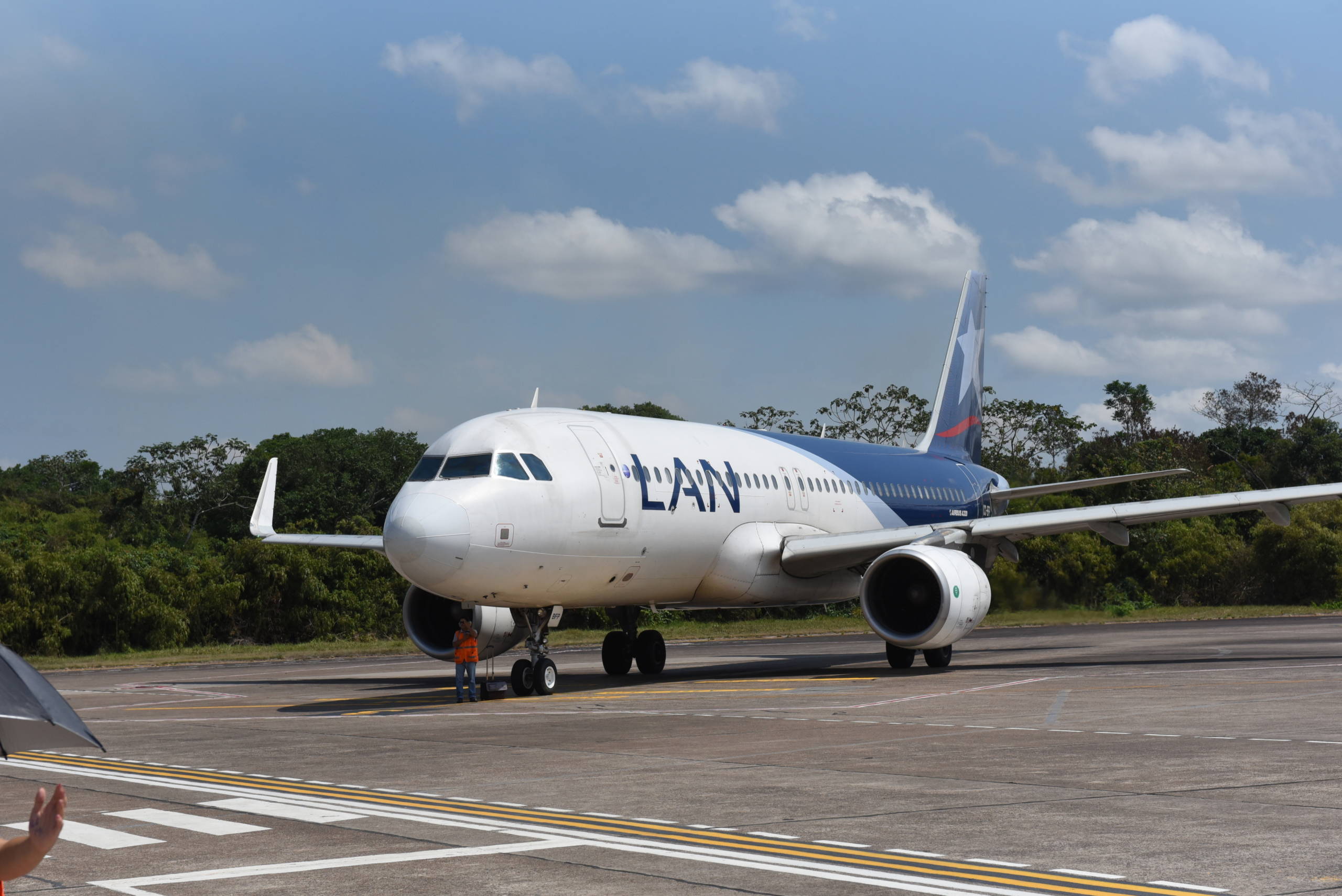 A LATAM Airlines Airbus 320 seen at Puerto Maldonado airport