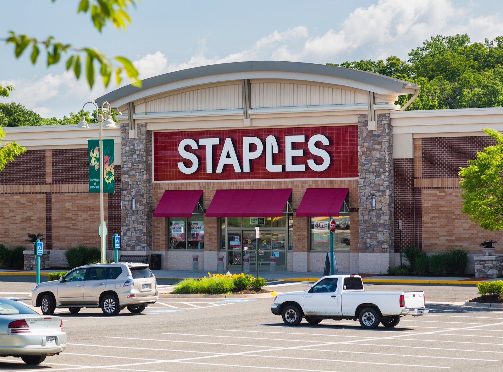 Entrance to large Staples Office Supply store in Gainesville, Virginia, USA
