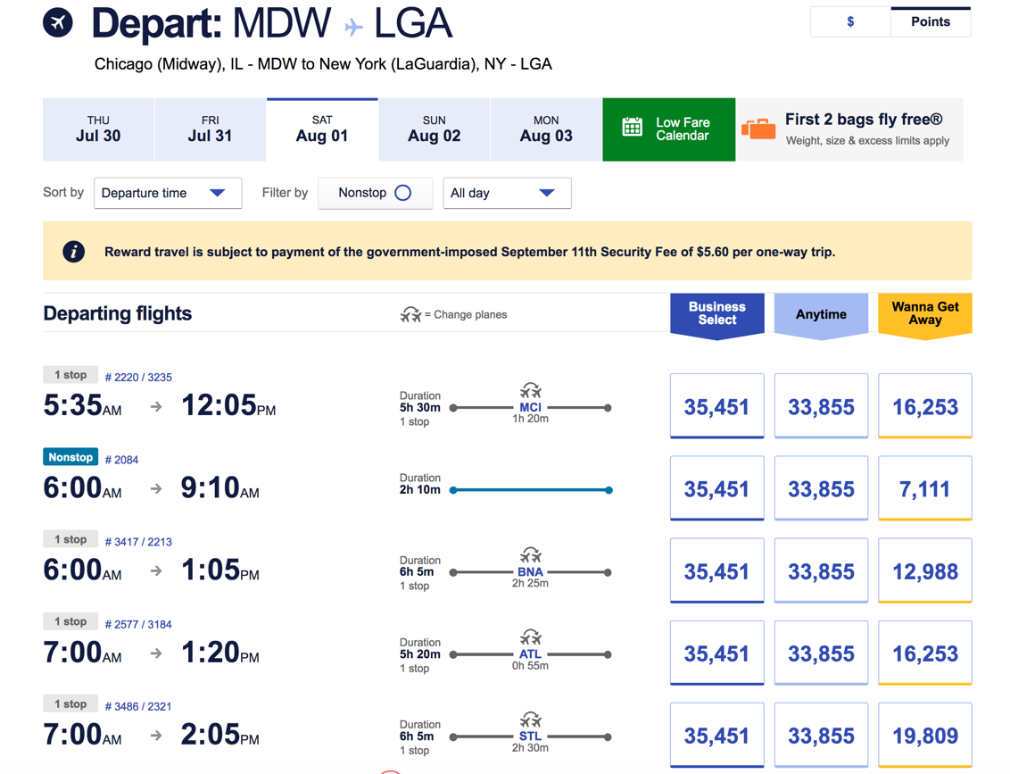 Viewing award flights on the Southwest website