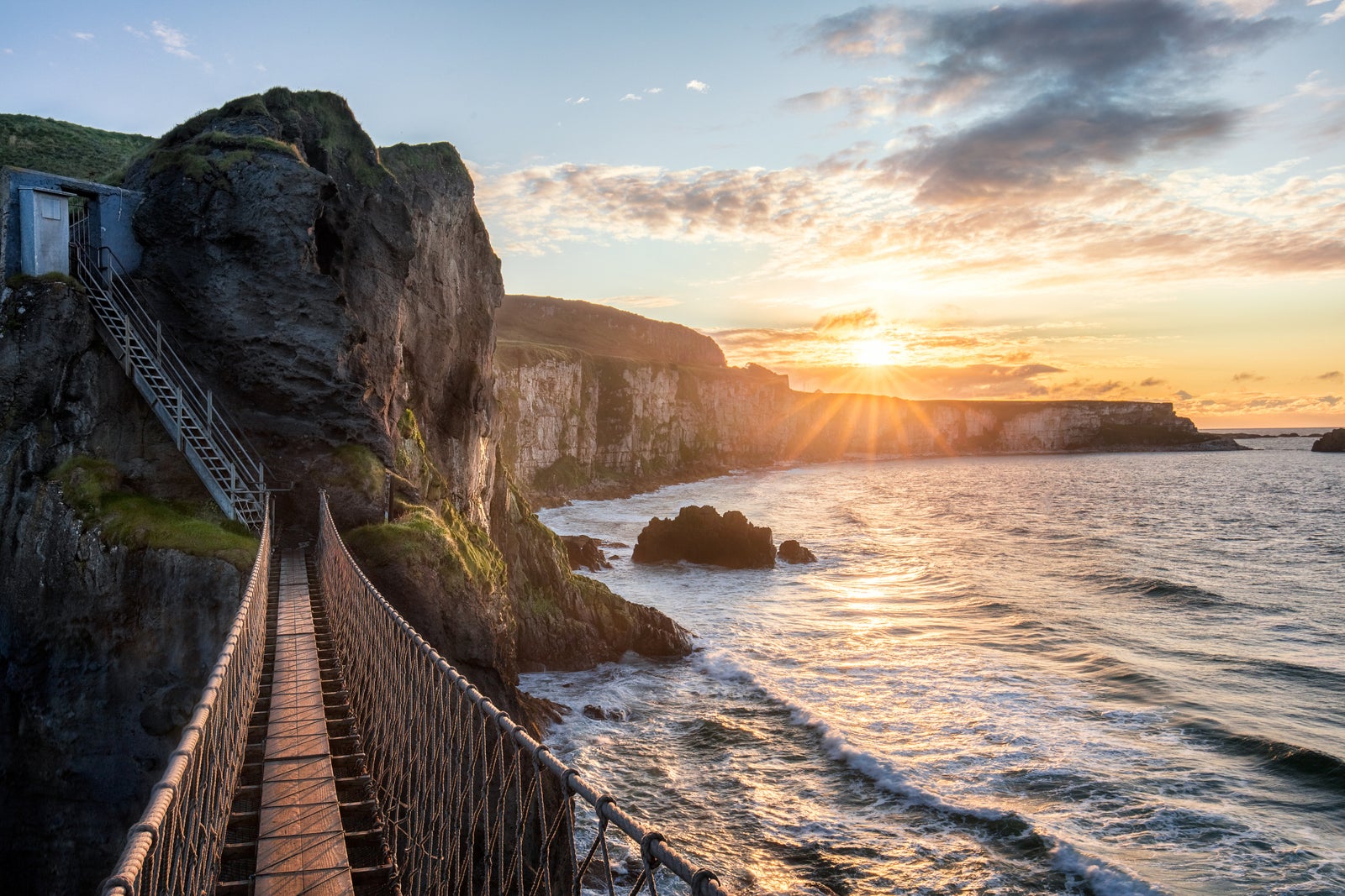 Carrick-a-Rede Rope Bridge at sunset, County Antrim, Ulster, Northern Ireland, United Kingdom, Europe