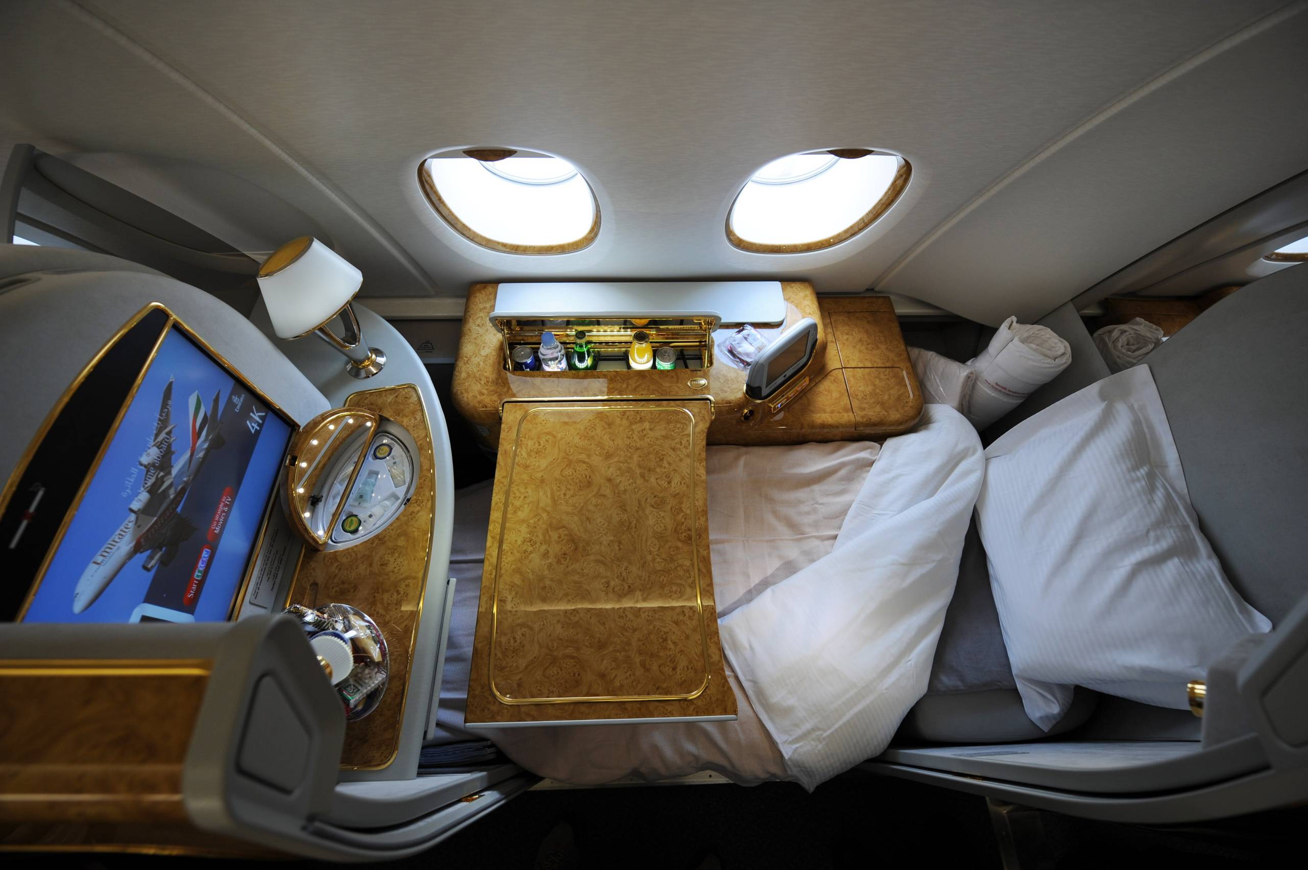 A first class seat configured for sleeping aboard an Emirates Airlines A380