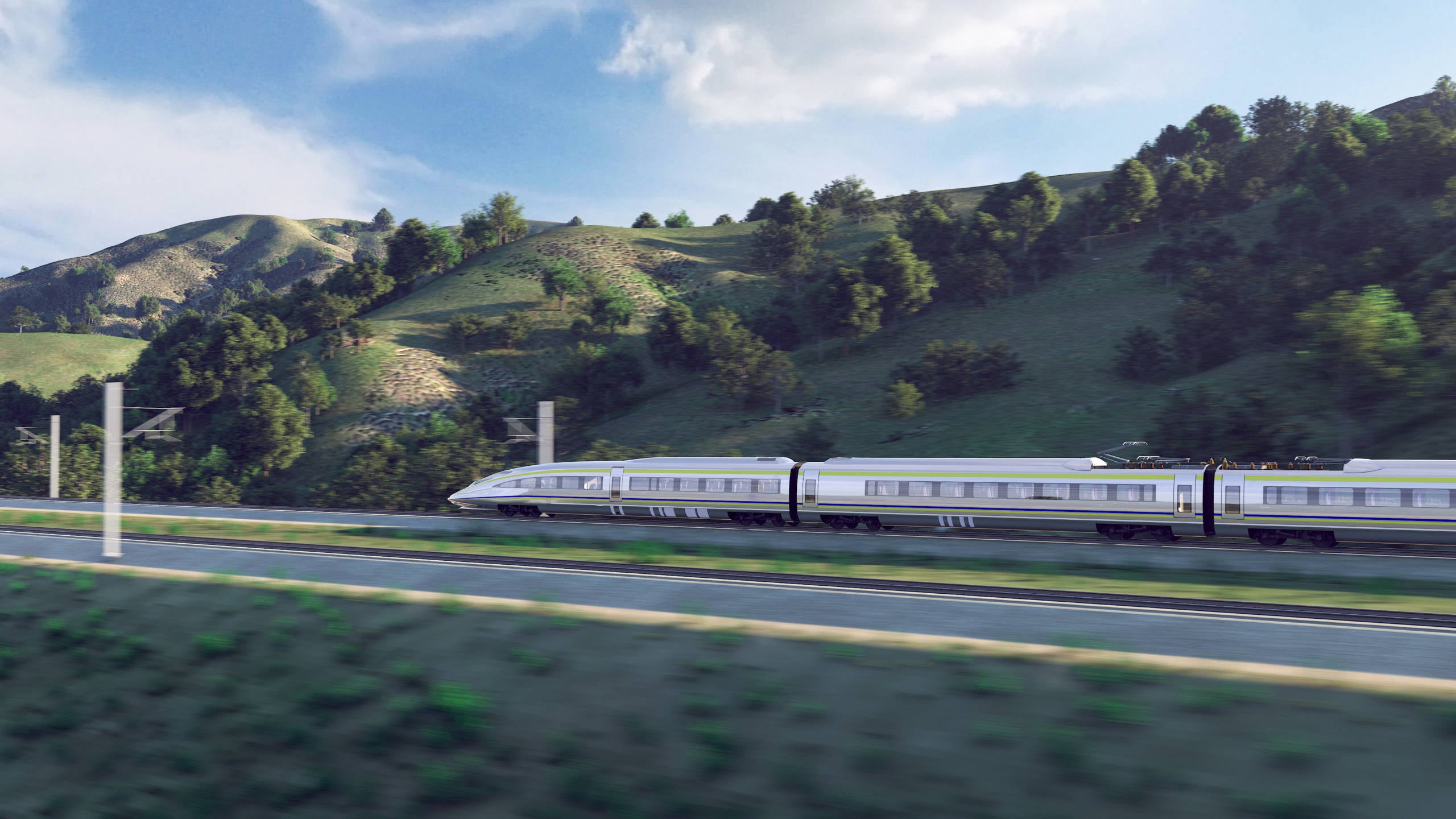 Conceptual rendering of a California high-speed train passing through the Pacheco Pass. (Rendering courtesy of the California High-Speed Rail Authority)