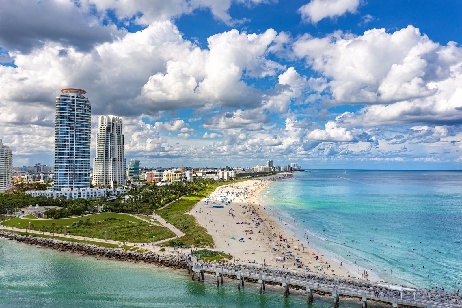 High view of South Beach in Miami from South Pointe Park, Florida, USA