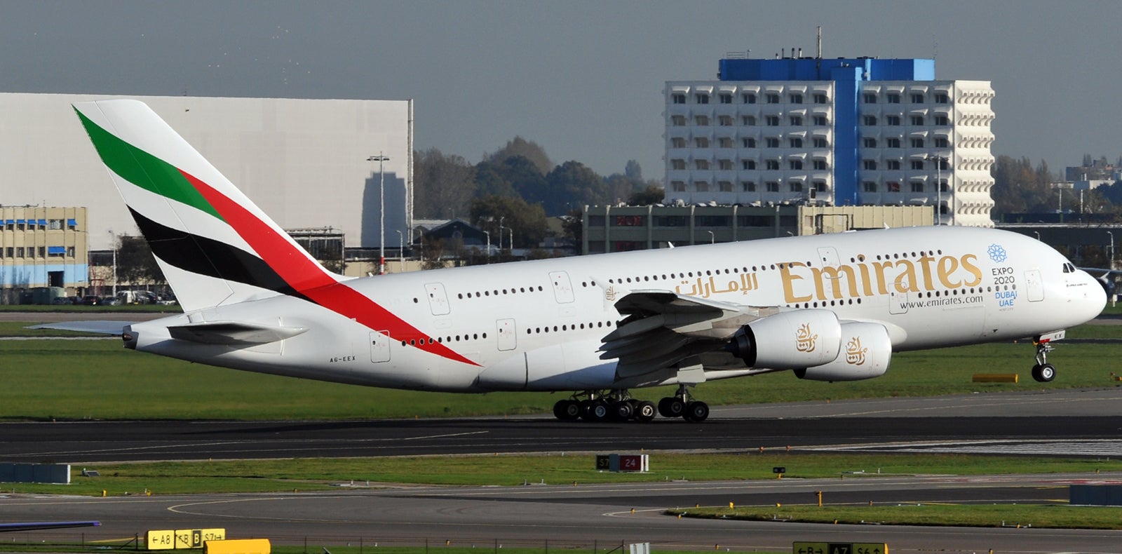 Emirates A380 takeoff Amsterdam