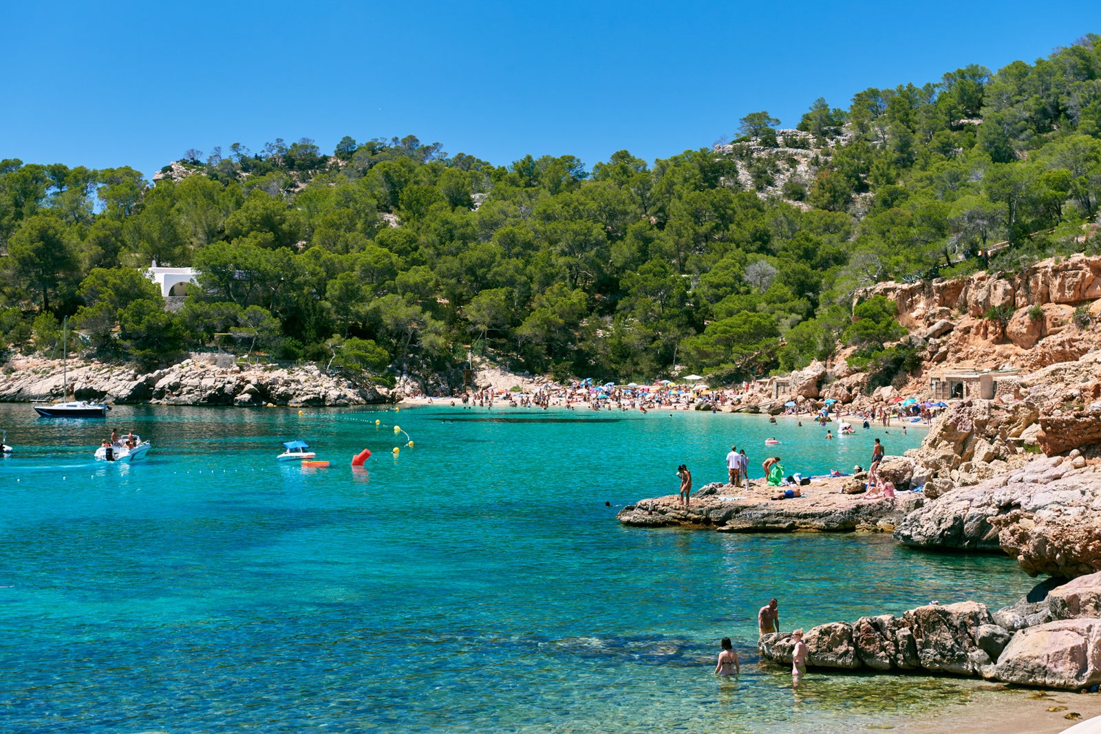 People enjoying vacations in the Cala Salada lagoon. Idyllic scenery. Ibiza, Balearic Islands. Spain
