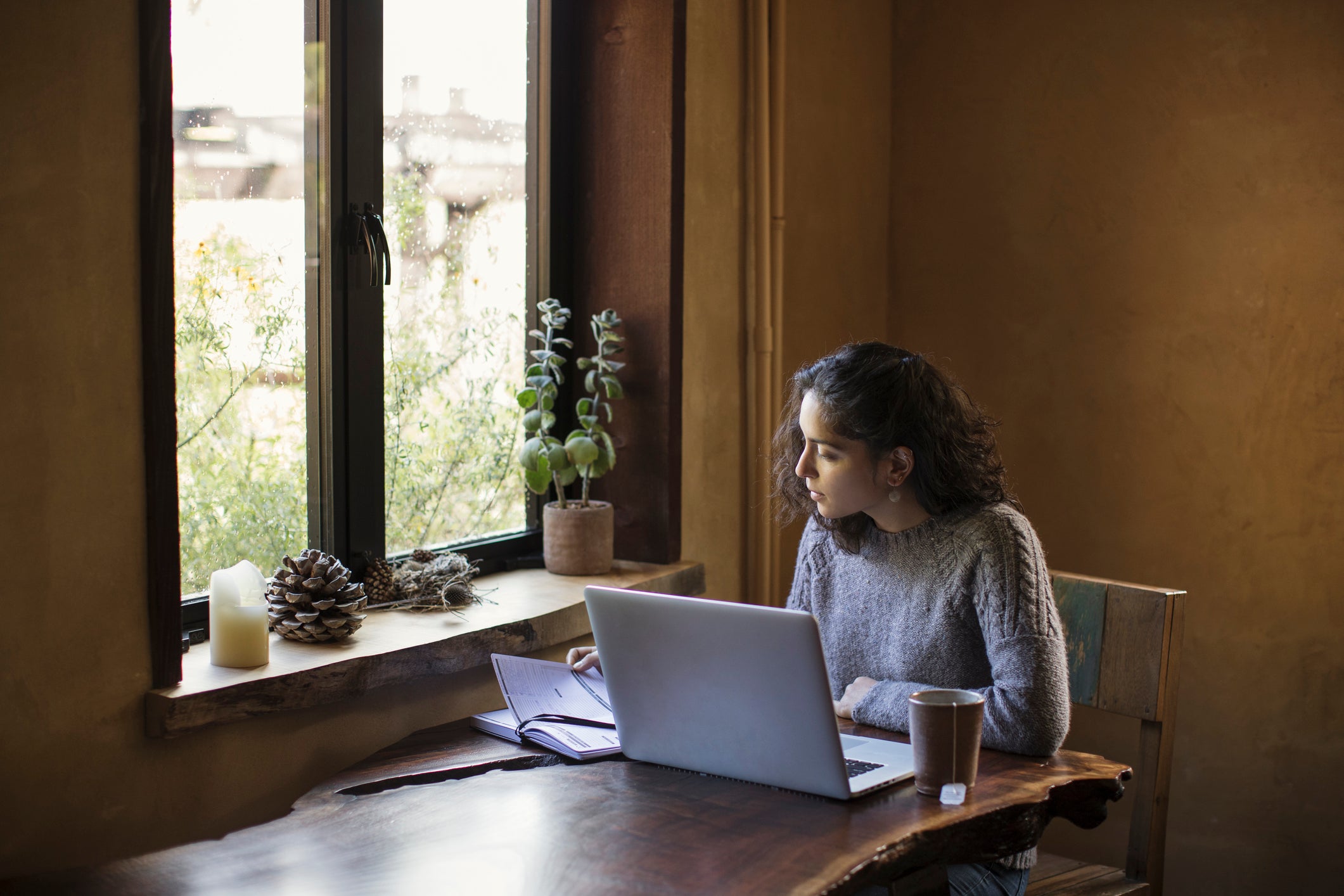 Young Woman of Mixed-ethnicity Works From Home Using Laptop Computer and Reference Book